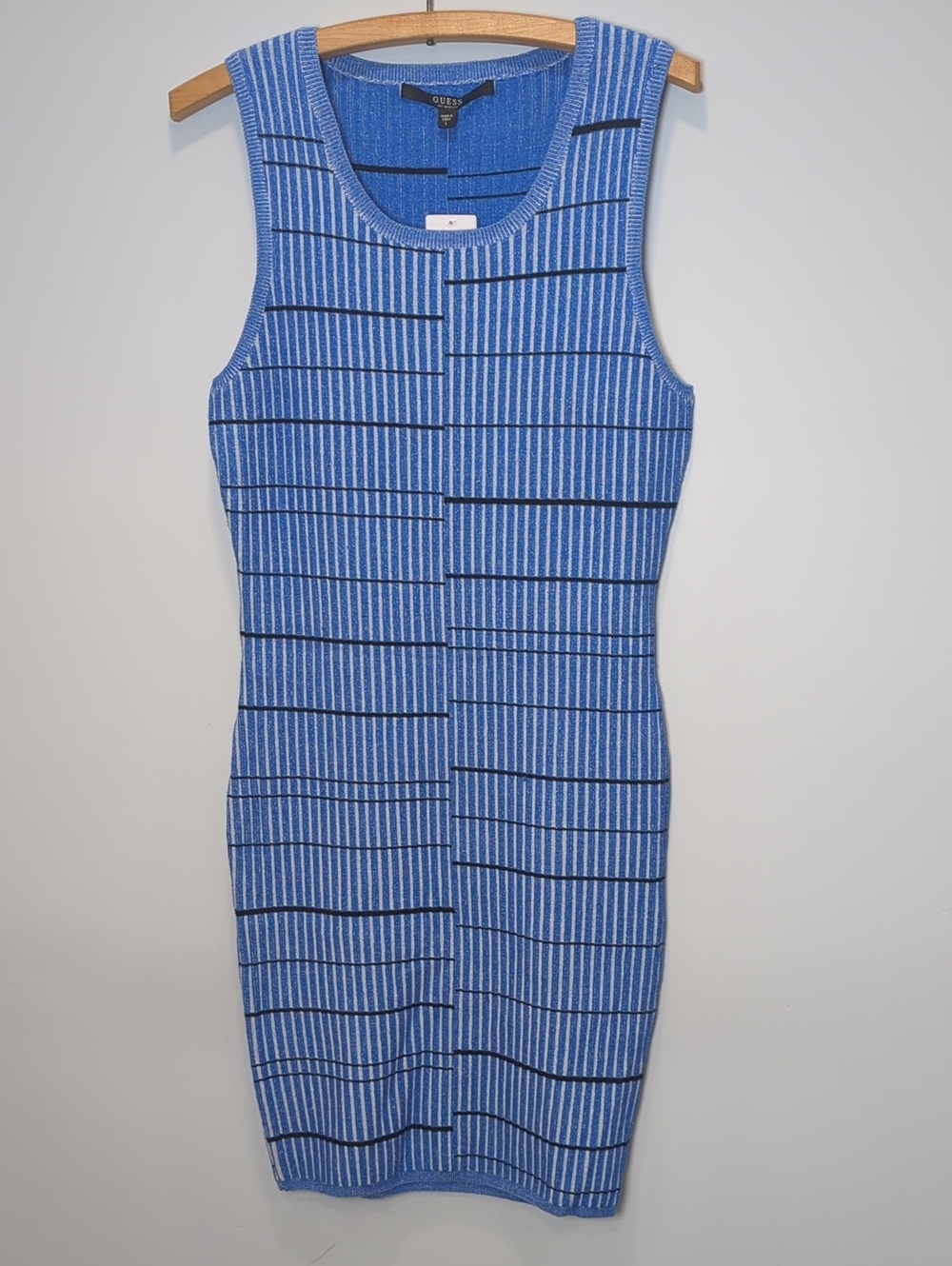 GUESS Blue Ribbed Striped Knit Tank Dress L NWT
